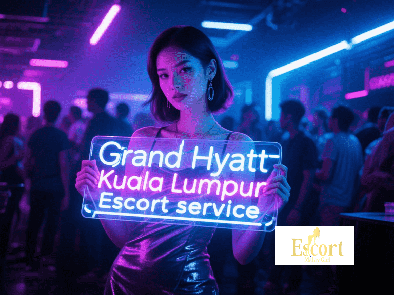 Escort Malay Girl Kuala Lumpur escort at Grand Hyatt Kuala Lumpur holding neon sign KL Escort Girl Service