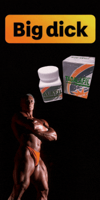 Escort Malay Girl Tadalaﬁl pills and box next to a muscular bodybuilder, with "Big dick" text. KL Escort Girl Service